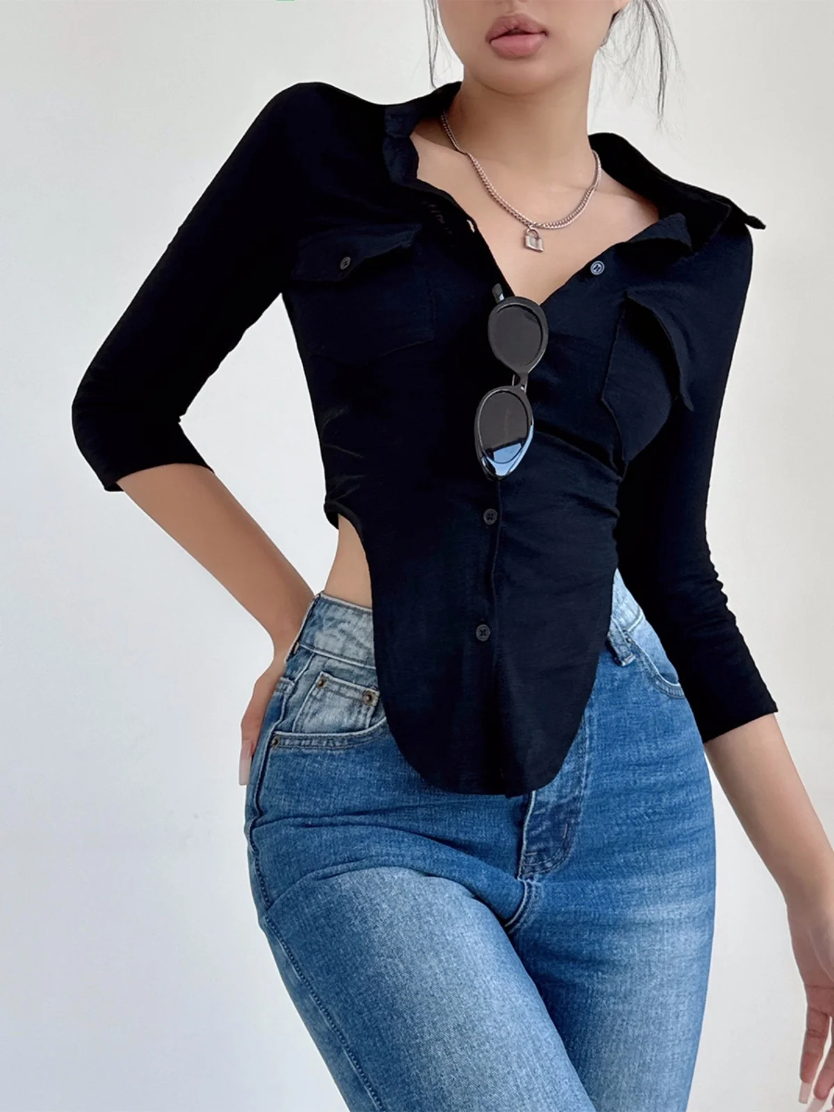 Autumn/winter Spicy Girl POLO Collar Single Breasted Long Sleeve Shirt Women\'s Cinching Waist Casual Versatile Short Top CYH3