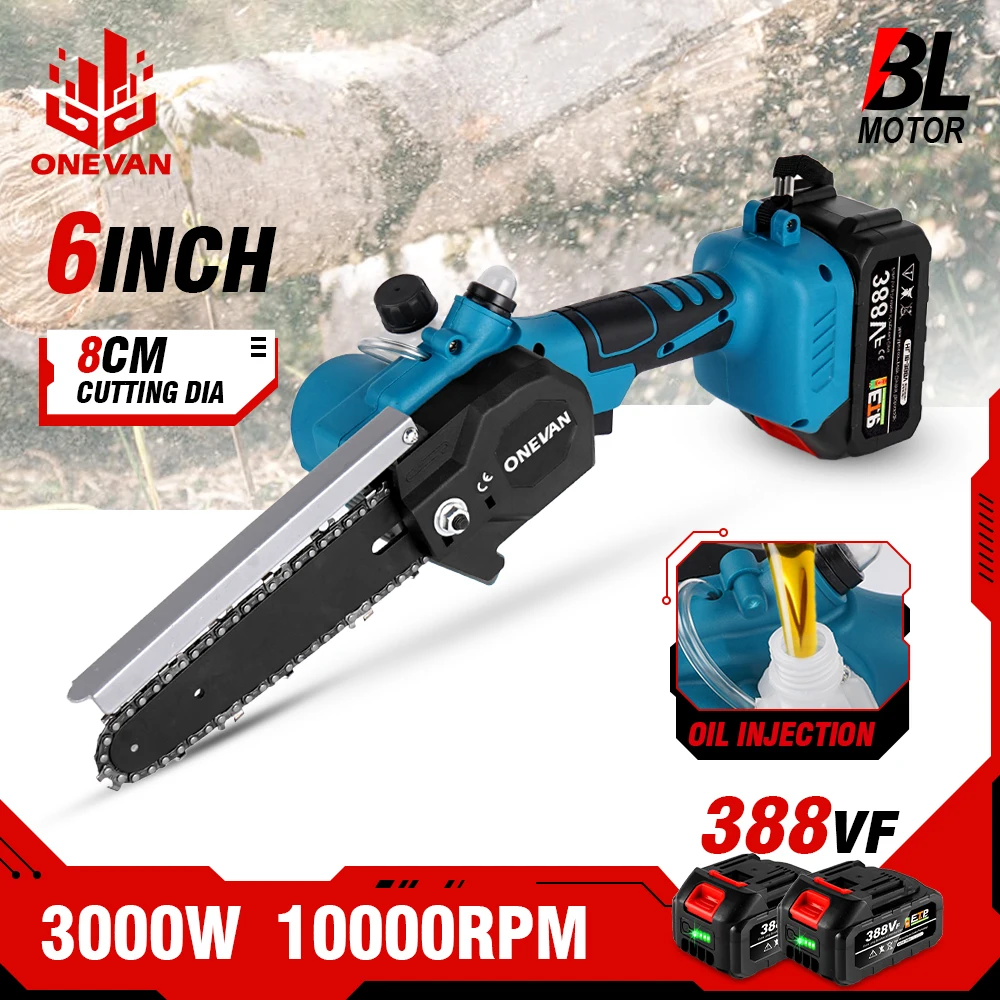 ONEVAN 3000W 6 Inch Brushless Mini Electric Saw Electric ChainSaw Cordless Woodworking One-handed Saw For Makita 18v Battery