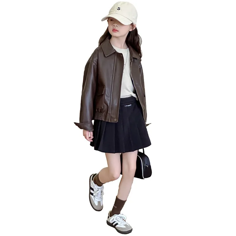 2026 autumn winter Girls Leather Jacket PU Fashion Casual Windproof Teenager Kids Coats Brown Trendy Outerwear 8 12 13 14 Years