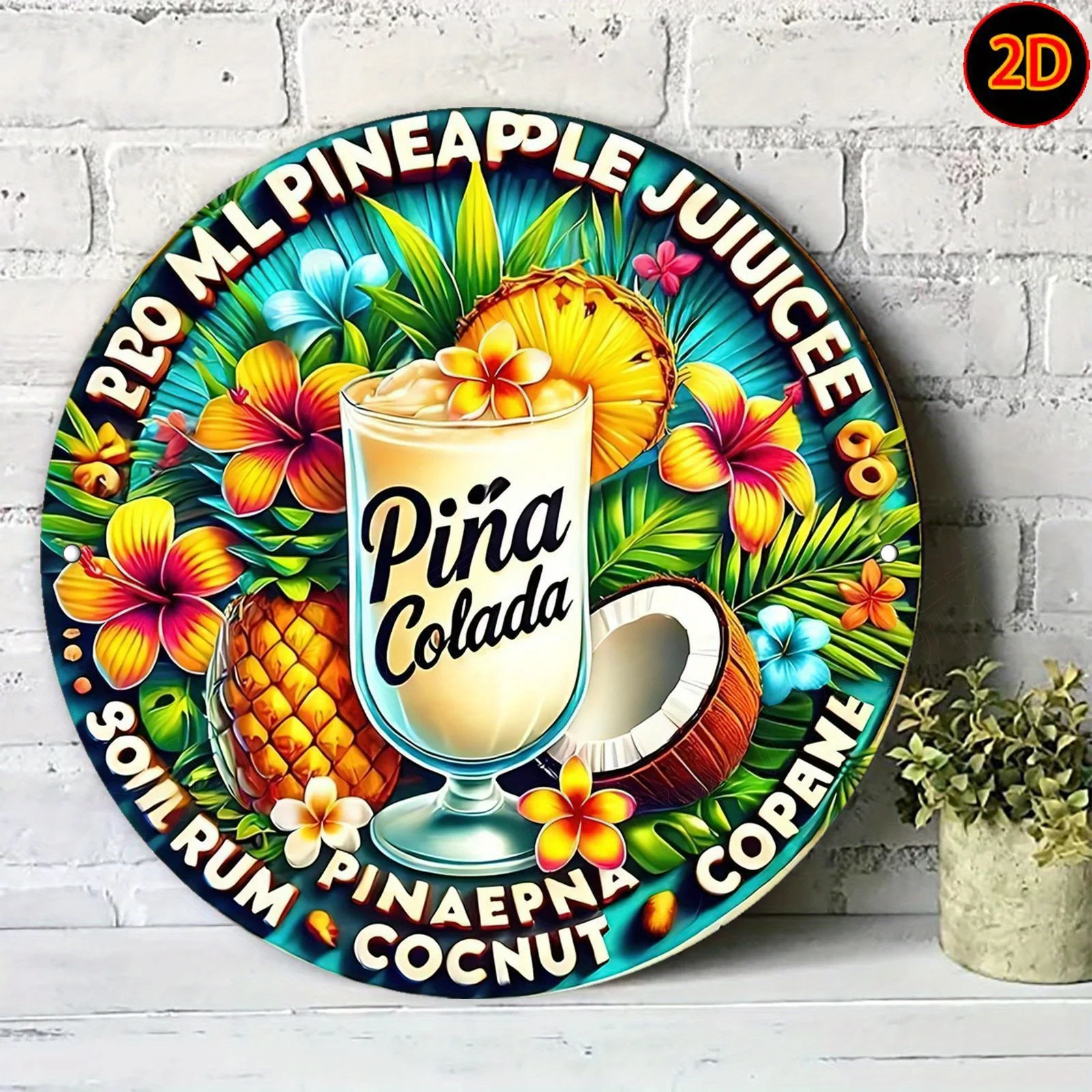 2D Flat - 1 pieza de arte de pared de metal con diseño de cóctel tropical vintage |   Placa Decorativa Piña Colada con Diseño de Piña y Coco - Decoración Duradera