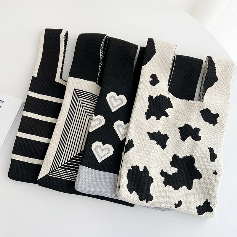 Leisure Vest Bag Knitted Checkerboard Contrast Colo Clutch Bag Black White Weave Portable Mini Travel Shopping Handbag