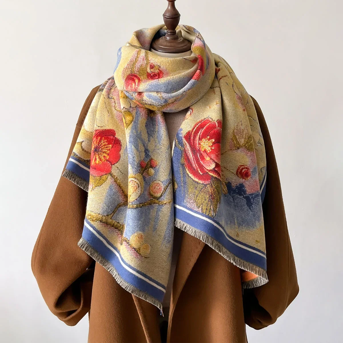 Retro Floral Scarf Women Winter Thick Cashmere Shawls and Wraps Female Warm Thick Echarpe Pashmina Blanket Stole