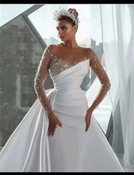 Custom Sparkly Beads Mermaid Wedding Dresses Satin Attachable Train Sheer Neck Long Sleeves Arabic Luxury Bridal Gown