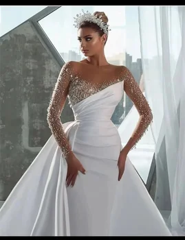 Vestidos de novia de sirena de cuentas brillantes personalizados, vestido de novia de satén acoplable, cuello transparente, mangas largas, vestido de novia árabe de lujo