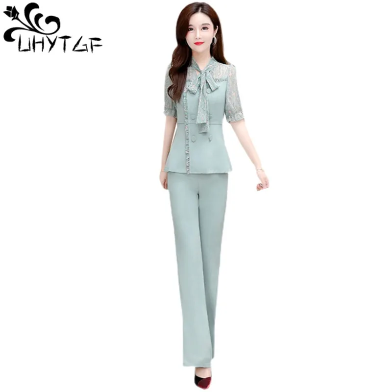 

UHYTGF Fashion Women's Summer Two-Piece Sets Short-Sleeved Wide-Leg Pants Female Tracksuit Professional Suit Ladies Clothes 22