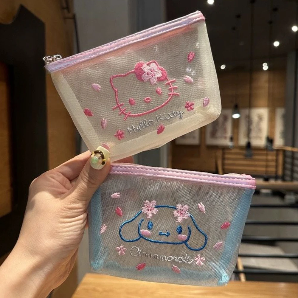 Sanrio Sakura Series Mesh Storage Bag Anime Hello Kitty Cosmetic Bag Kawaii Embroidery Small Coin Purse Make Up Bags Gift