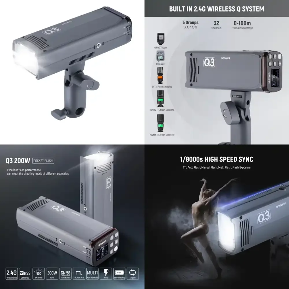 NEEWER Q3 200Ws 2.4G TTL Flash 1/8000 HSS GN58 Strobe Light Portable Photography Moonlight with Softbox Diffuser/3200mAh