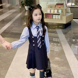 New Autumn spring Teens Girls Cloth Jk Uniform long sleeve Bow white Blouse Shirt + vest dress Skirt 2pcs children set school