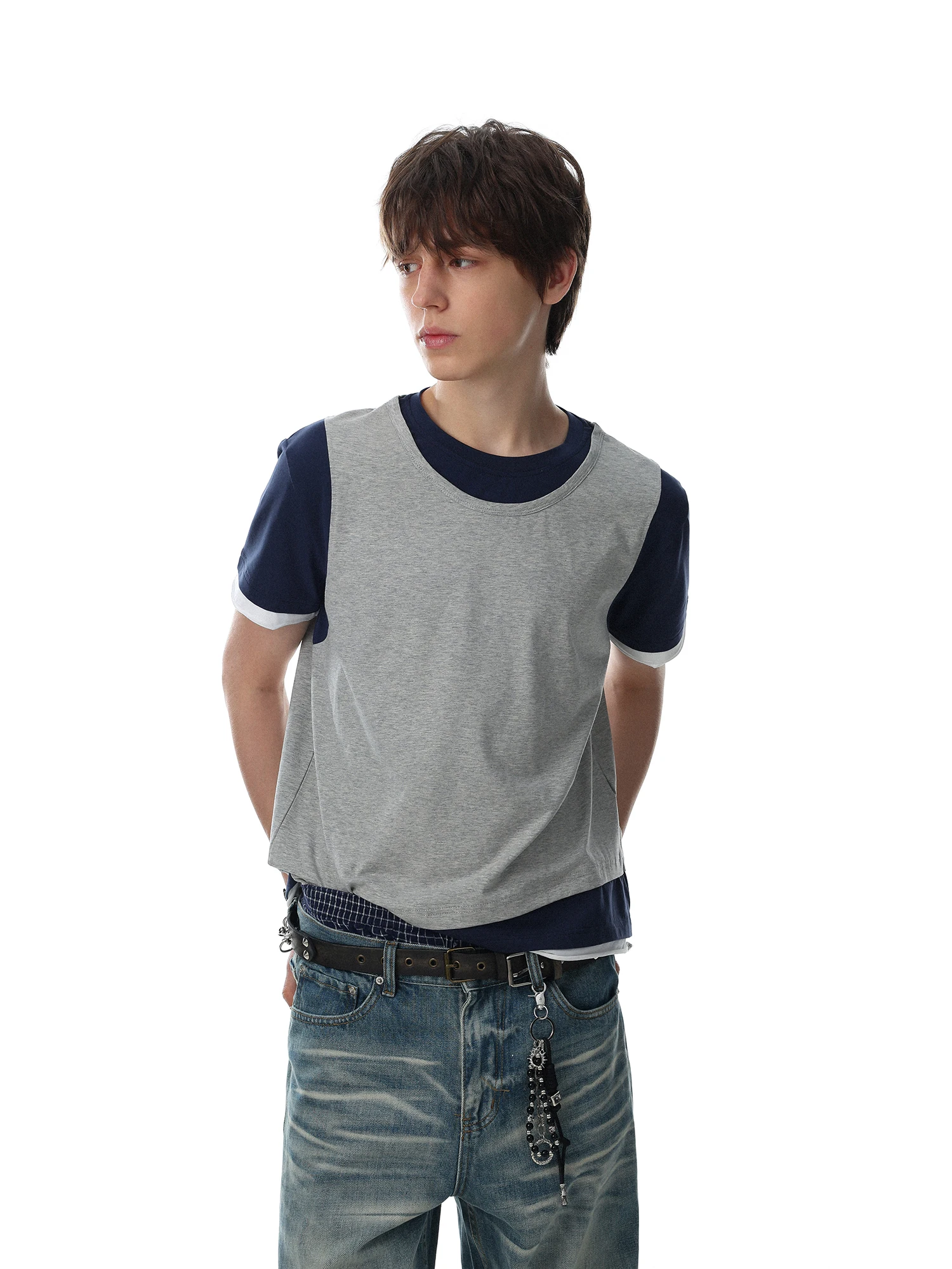 MRNEARLY American Retro Style Color Block Short Sleeve T-Shirt Unisex Shoulder Padded Casual Top Cotton Blend Skin-friendly B...
