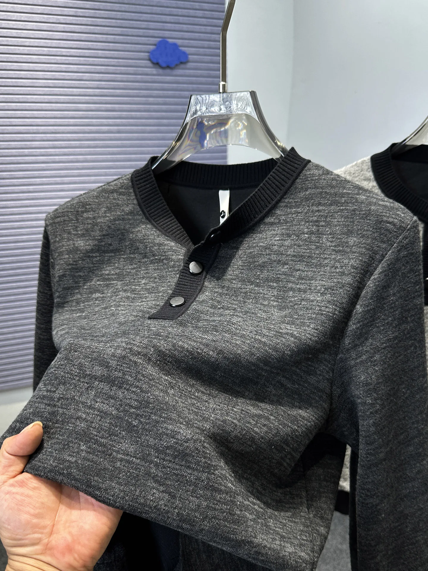 

High Quali Knitted Hoodie Men's Autumn Winter Casual Long Sve Henry Collar Top Color Blo Faionable Base irt