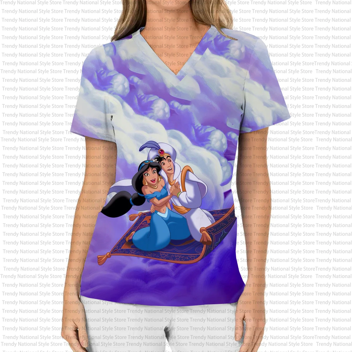 Nuevo uniforme de enfermera de verano para mujer, Top esmerilado con cuello en V estampado, camiseta de tienda de mascotas de Hospital de princesa Jasmine de Disney para mujer