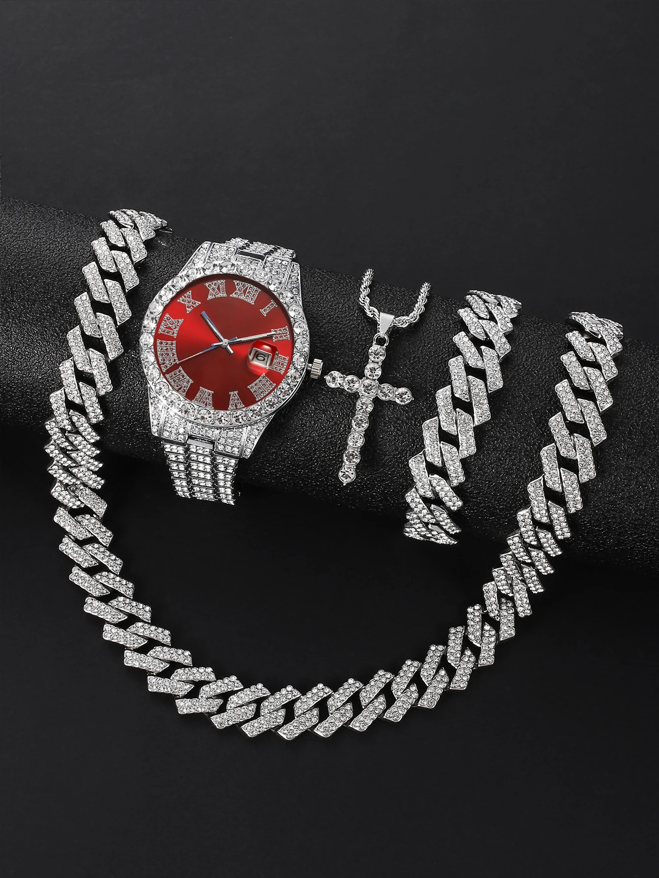 

4-piece set Luxury Quartz Watch with Diamond Inlays and Steel Band - Hip-Hop Cuban Bracelet Matching Set