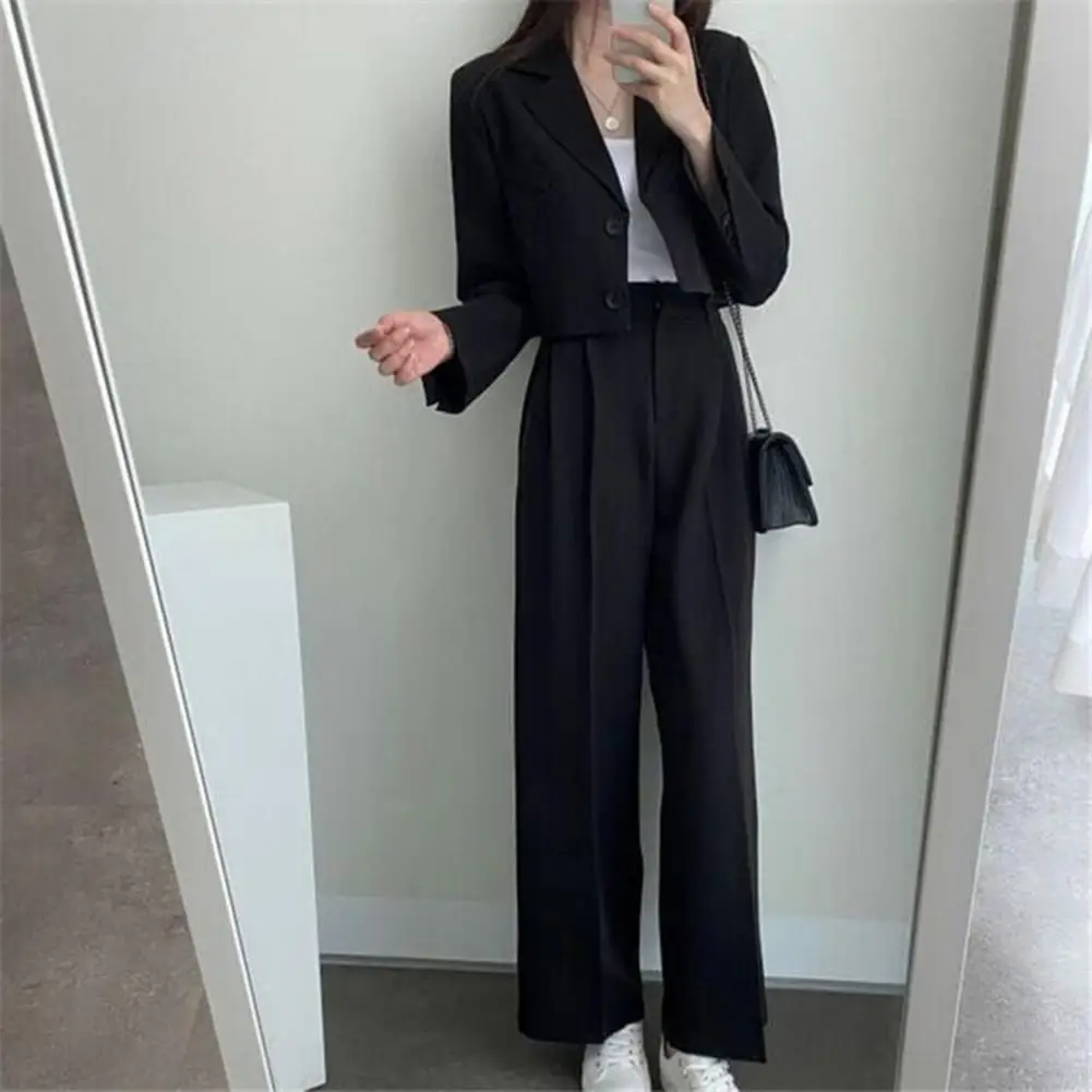 Spring Autumn Suit Set Business Casual Outfits Women Cropped Blazer Jackets Wide Leg Pants Suit Set Fall 2 Piece Work Office Set