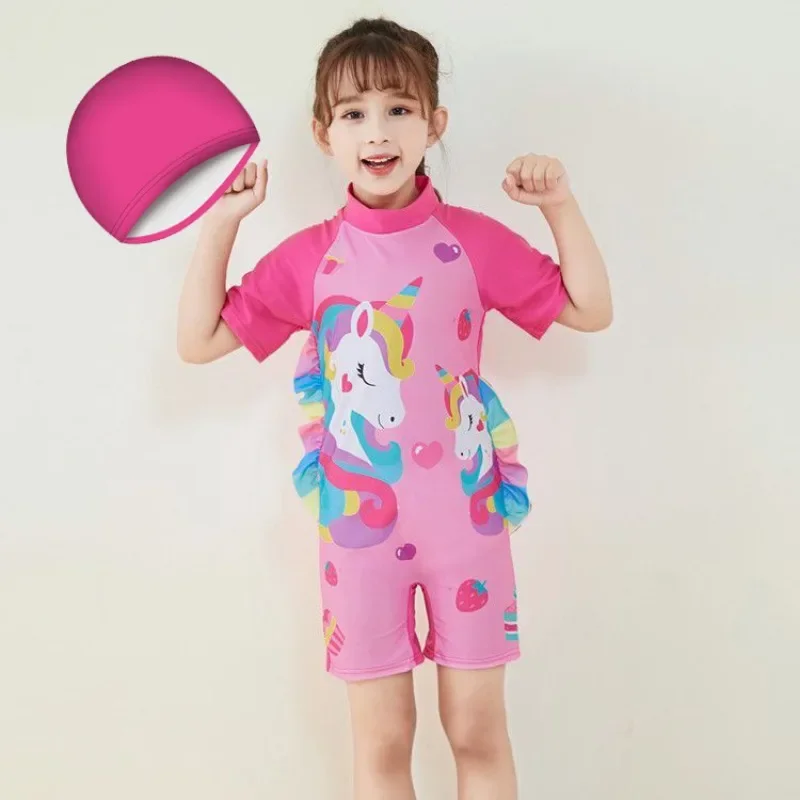 Hot Selling Cartoon Cute Children\'s Swimsuit One Piece Girl Short Sleeved Shorts Swimsuit Girl Conservative Swimsuit