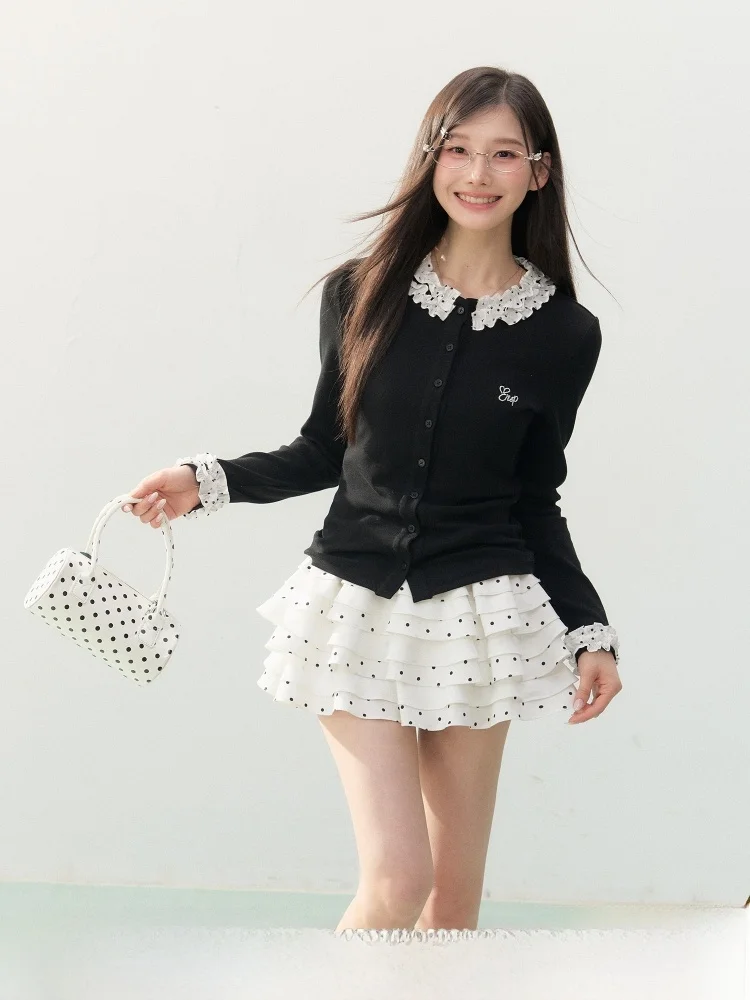

ELEVEN SP Black Long Sleeve Knitted Cardigan Women's Style Korean Standard Fit Button Detail Polka Dot Floral Lace Trim Top