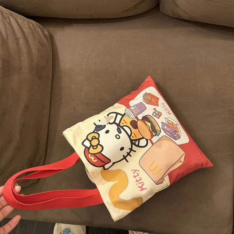 Cute Hello Kitty Canvas Bag Kawaii Sanrio Anime Tutoring Bag Cartoon Student Tote Bag Commuting Bag Large Capacity Gift for Kids