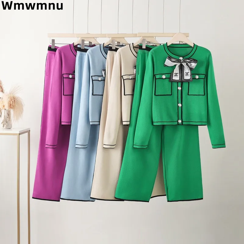 

Elegant Casual Women Knitted 2 Piece Sets Korea Fashion 0-neck Cardigan Coats Tops Outfit Lace-up High Waist Wide Leg Pants Suit