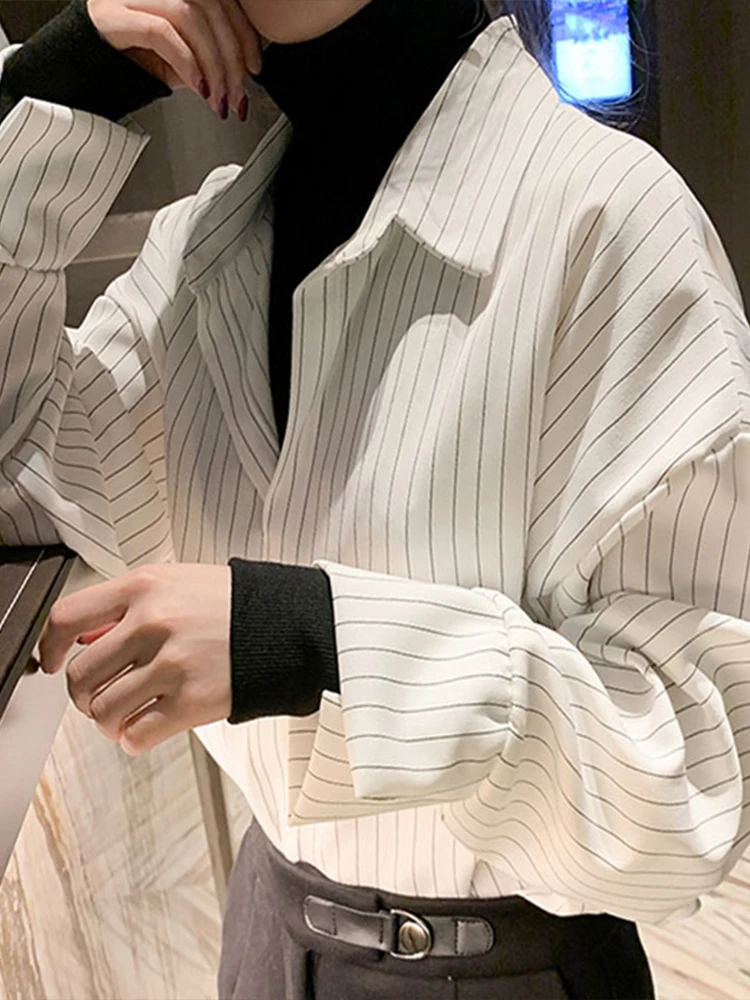

Women's Striped Shirt Spring Early Season Salt System Outfit Fake Two-Piece Top Layered Wear Base White Shirt Autumn Winter