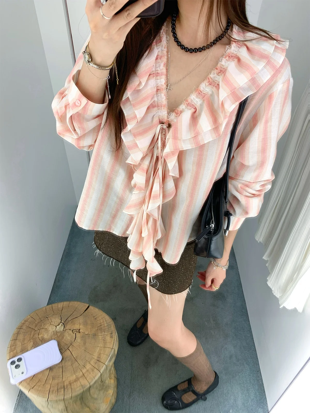 

Pink Striped Lazy V-ne Blouse Women's Spring Summer Cotton Long Sve Loose Fit irt with Lace Hemline Casual Wear