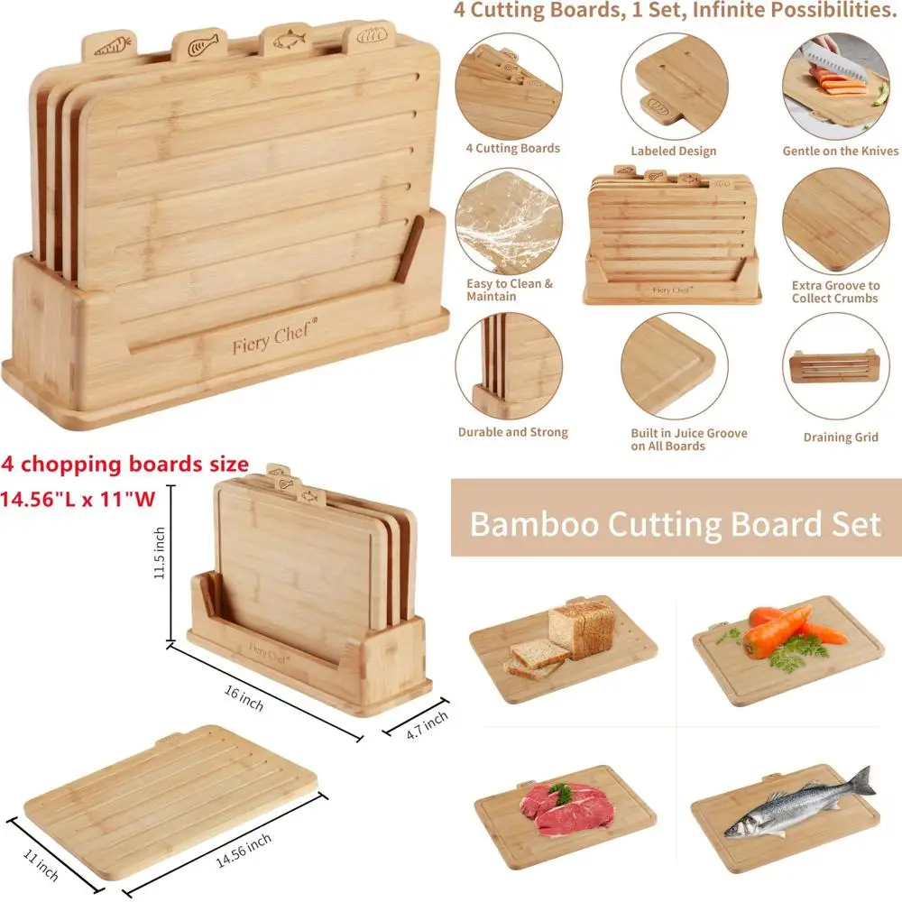 

Bamboo Cutting Board Set of 4 - Large Wood Chopping Boards with Holder, Food Icons, and Juice Groove for Kitchen Use