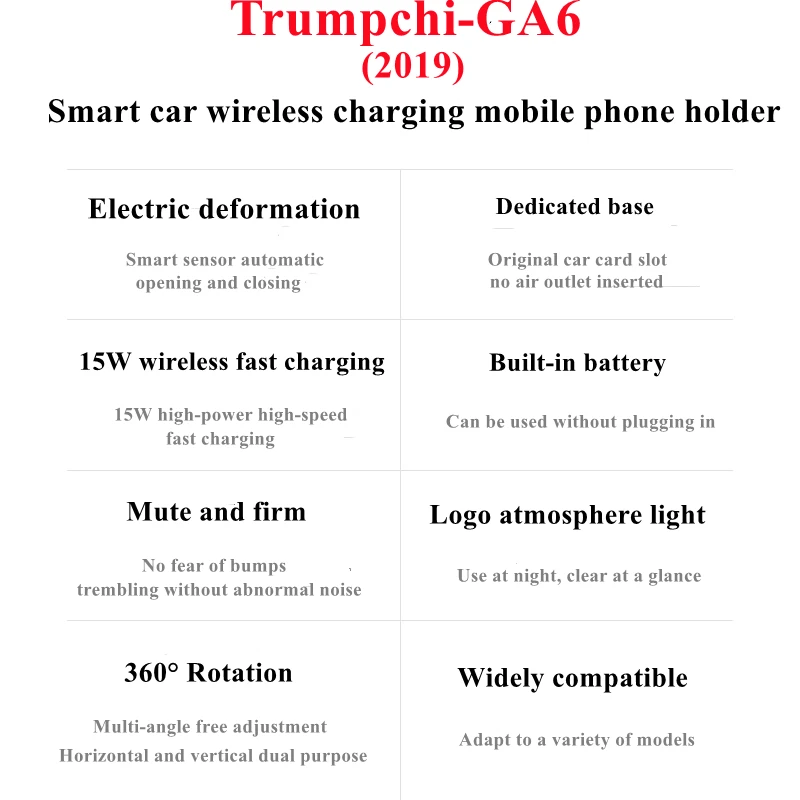 For Trumpchi GA6 2019 Car Phone Holder 15W Qi Wireless Car Charger Stand for iPhone Xiaomi Samsung Huawei Universal