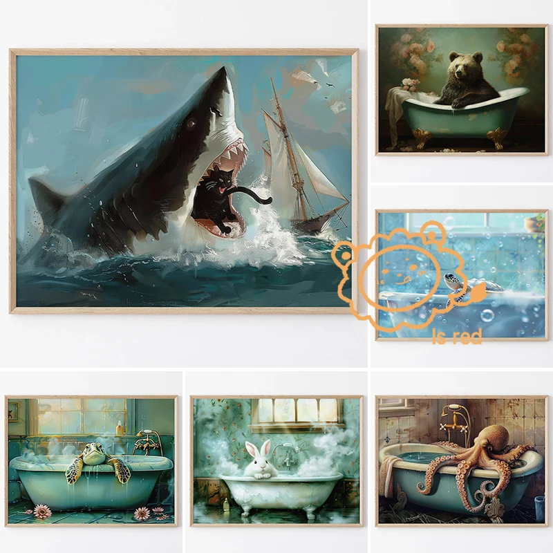 Animal oil painting art poster Turtle In Bathtub An Unlikely Feast White Cat Cowboy Canvas printing wall Art decoration painting