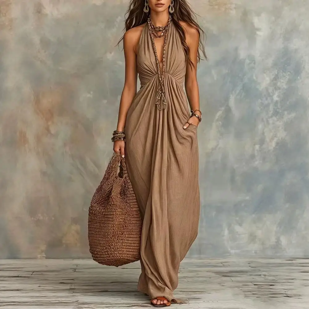 Women Halter Neck Pleated Maxi Dress, Deep V Neck Sleeveless Beach Vacation Sundress, Summer Flowy Maxi Dress with Pockets - view 4