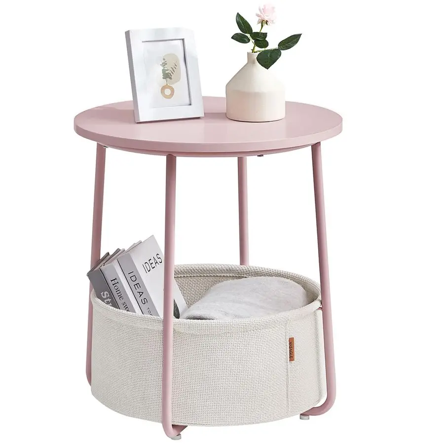 

LILEA Collection Small Round Side End Table, Modern Nightstand with Fabric Basket, Jelly Pink and Cream White ULET223R61