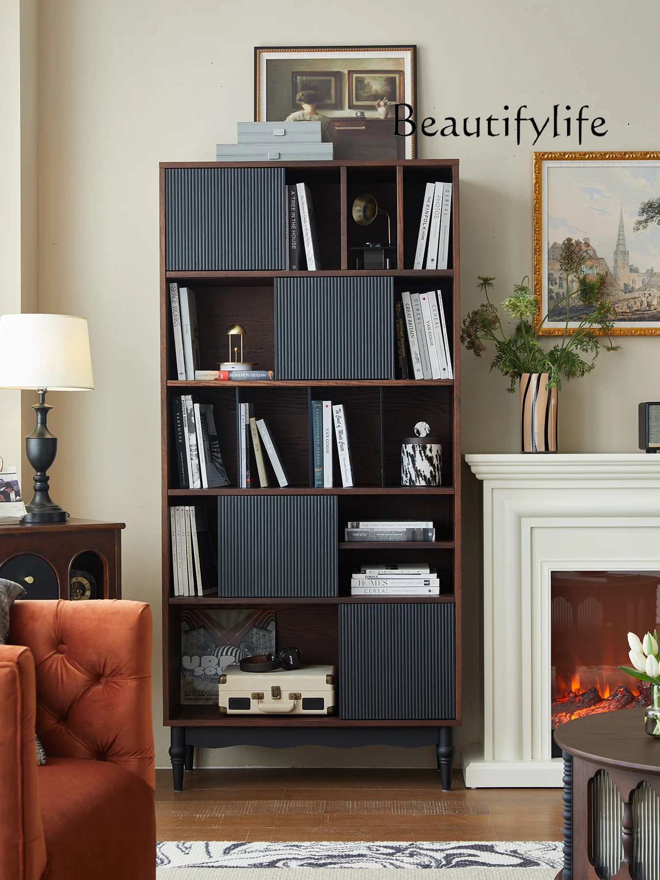 

French Retro Solid Wood Bookcase Living Room TV Side Storage Display Clothes Closet Free Combination Cabinet