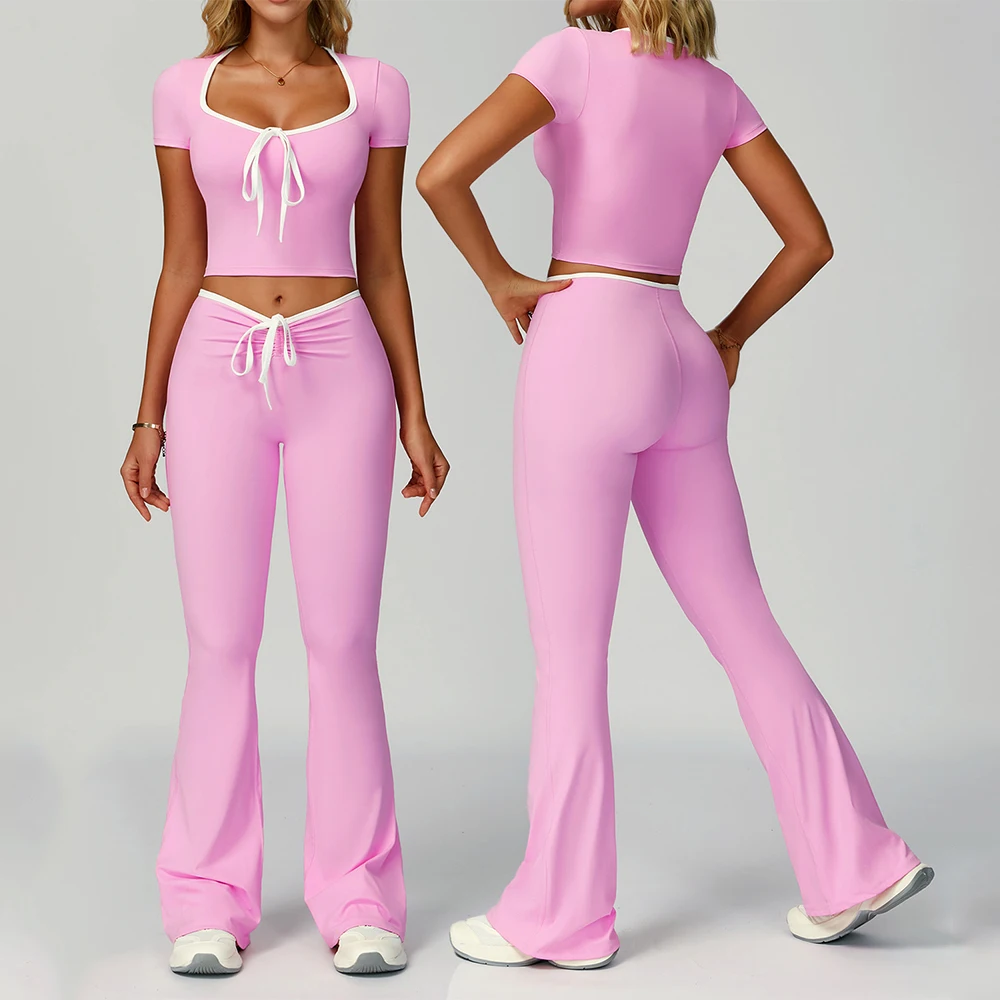

2PCS Yoga Suits Women Gym Set Workout Sportswear Women Drawstring High Waist Flared Pant Fitness Short-sleeved Shirt Sports Suit