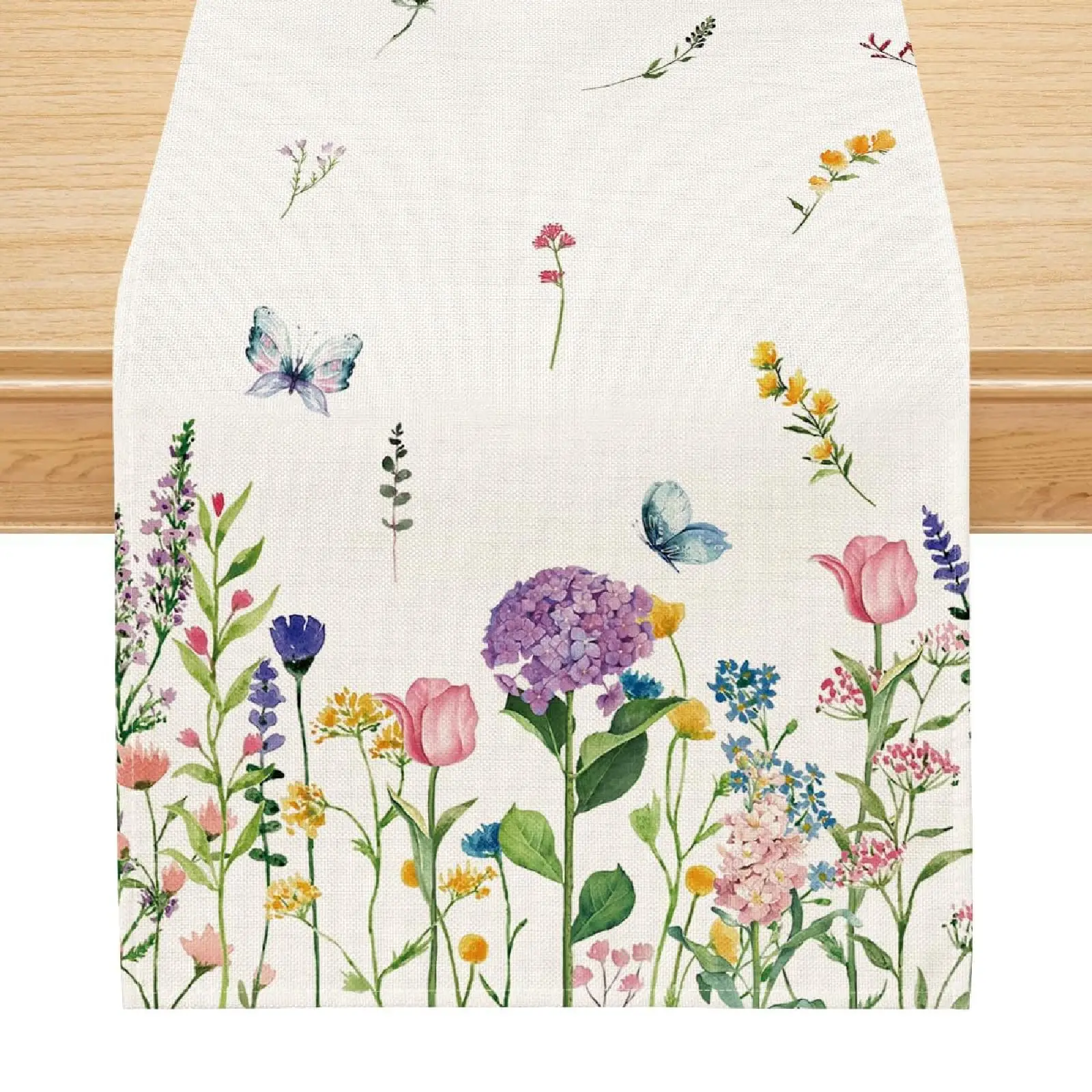 Tischläufer mit Frühlings-Hortensien und Tulpen, mit bunten Blüten und Schmetterlingsdruck, Küchen- und Esszimmerdekoration, ideal für den Innenbereich