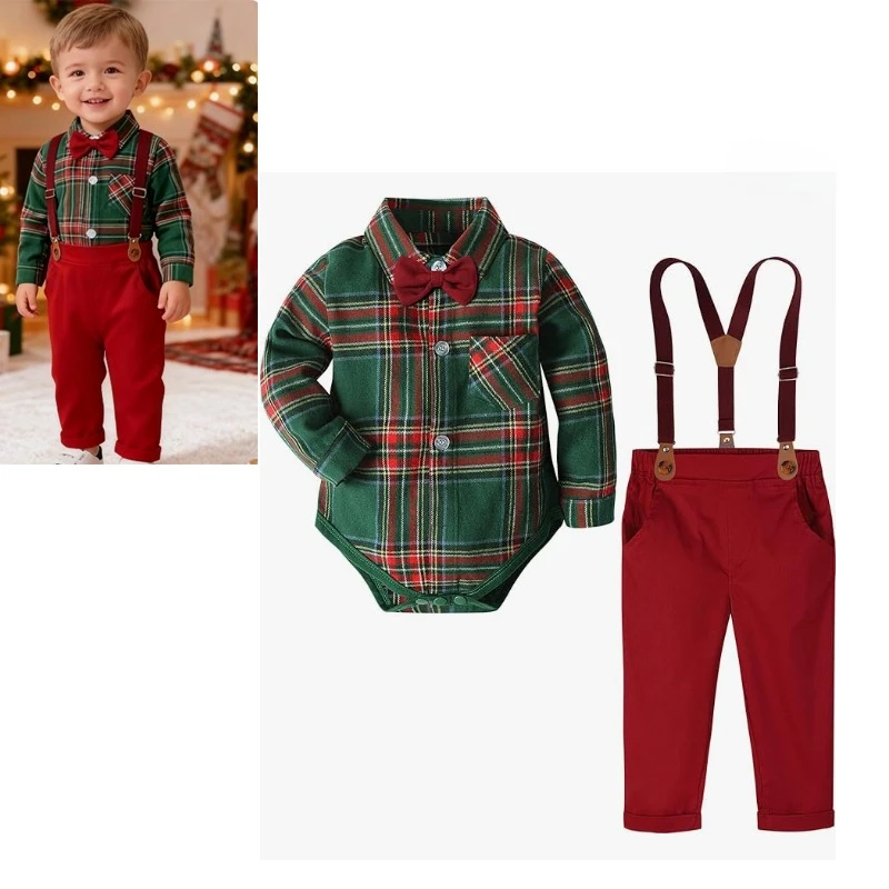 

British Christmas Baby Boys Suits Infant Gentleman Formal Wedding Suspenders Outfit with Bowtie.navidad Conjuntos Para Niños