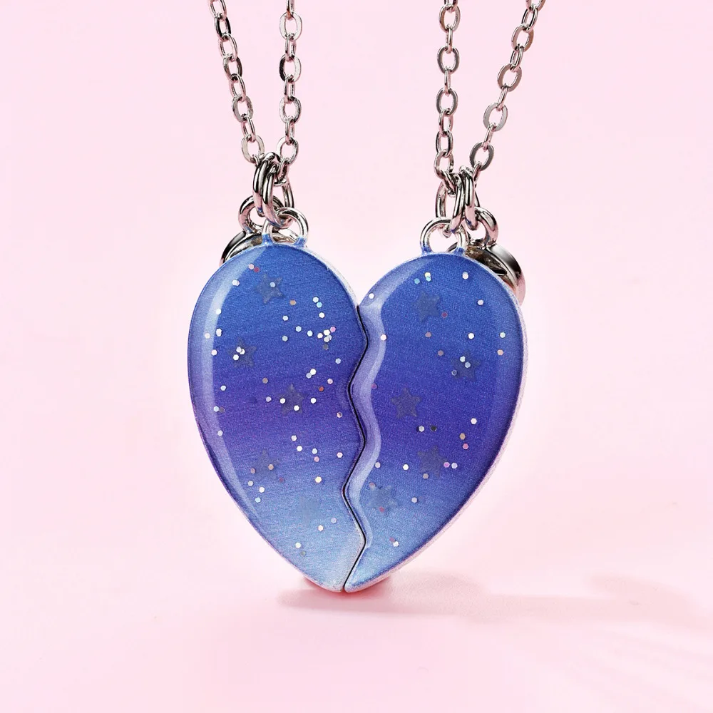 Winoneday 2Pcs/set Heart-shaped Luminous Five-pointed Star Best Friend Necklace for Women BFF Friendship Jewelry Gift