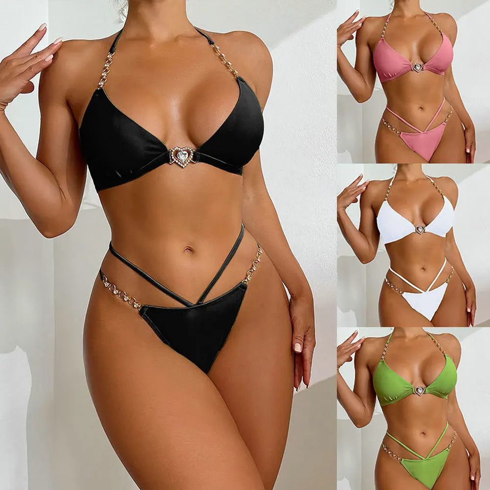 

Backless Bathing Suit Women Neck-mounted Heart AccessorMetal Chain Split Swimsuit Sexy Thongs New Solid Beach Bikini Set