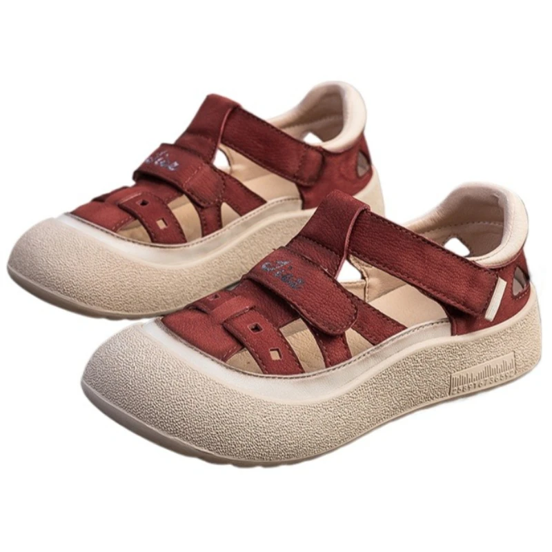 Myjyjz 3.5cm Cow Genuine Leather Flats Comfy Shoes Mary Jane Women Hollow Slipper Rubber Platform Wedge Flats Ethnic Sandals