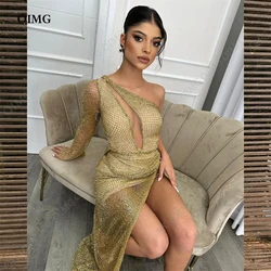 OIMG Sexy Gold Sequins Shiny Prom Party Dresses One Sleeve Side Split Formal Night Evening Gowns Cocktail Gown Vestidos