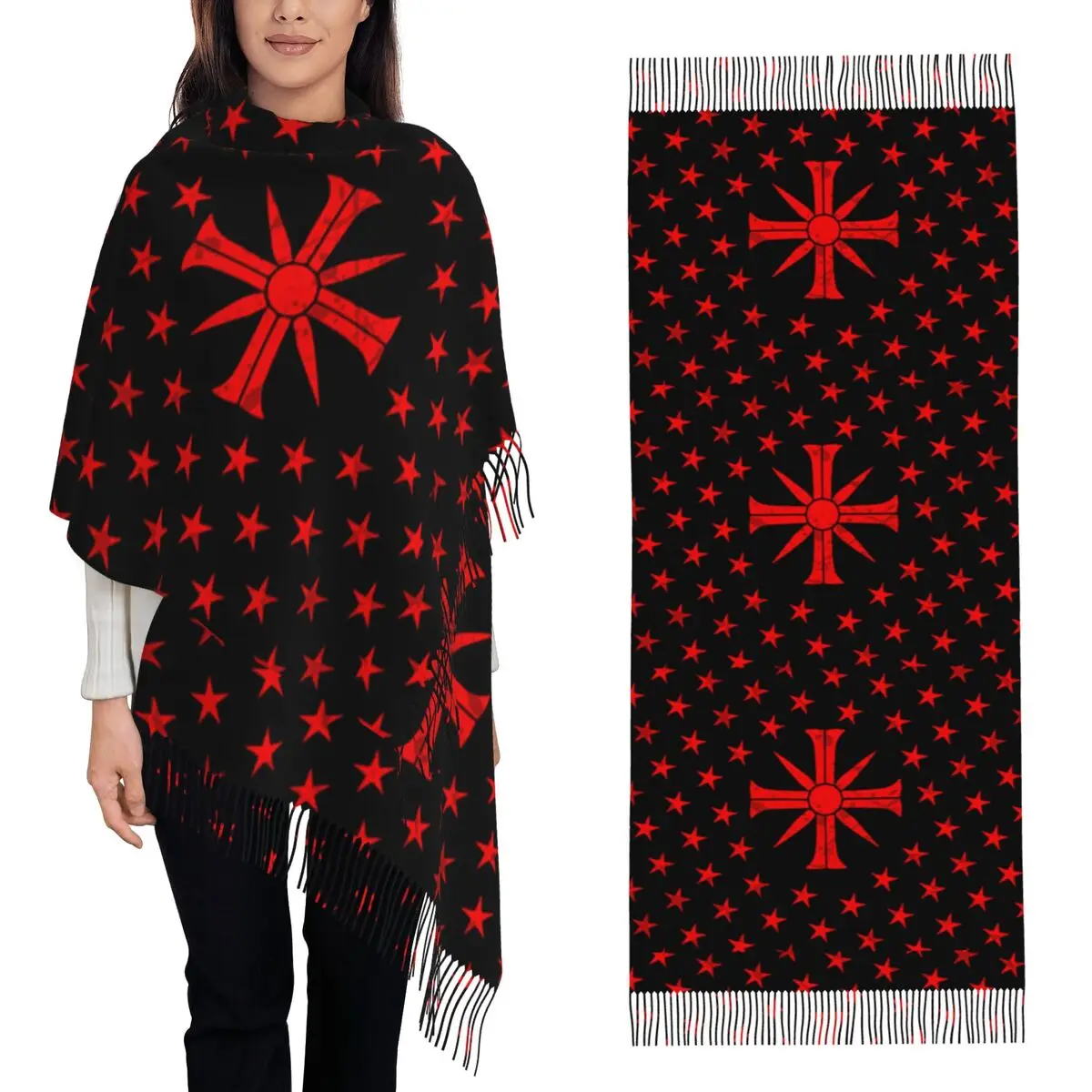 

Средневековый шарф с эмблемой рыцарей тамплиеров Ordre Du Temple Cross Шарфы с кисточками для женщин Шаль и накидки Длинная осенне-зимняя шаль