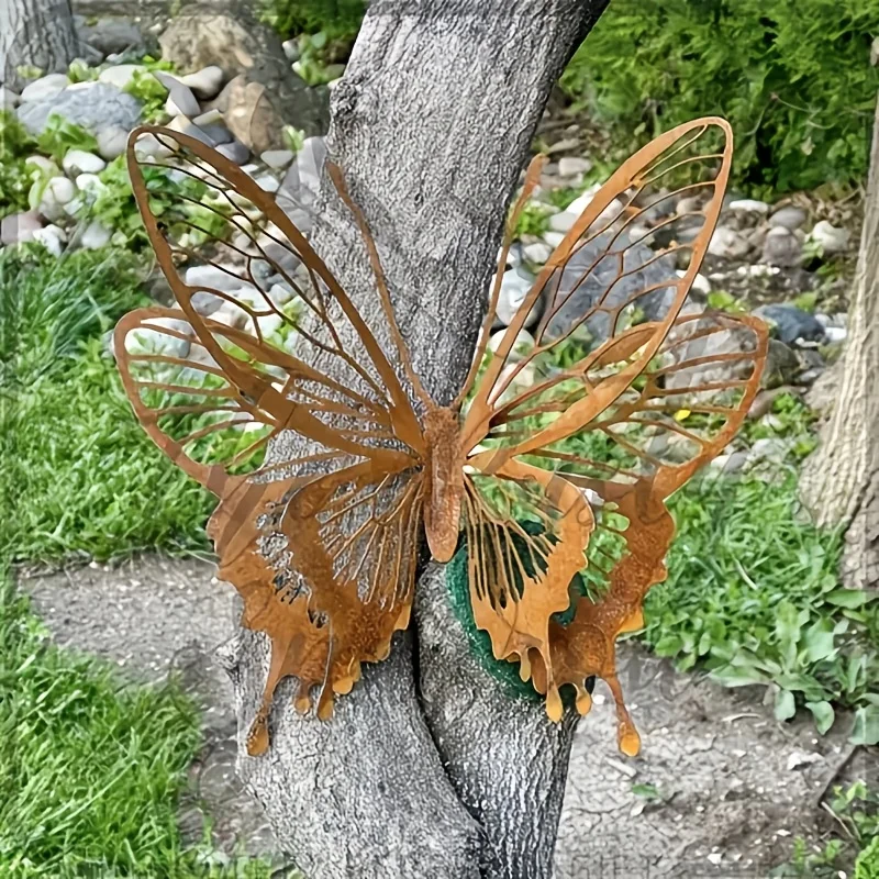 Vintage 3Pc Rust Metal Butterfly Sculpture - Old Style Garden Art for Courtyard, Terrace. Unique Gift for Insect Lovers.