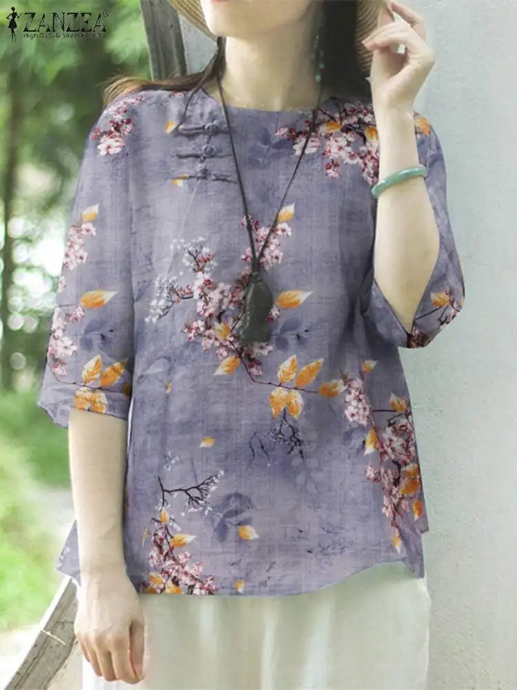 ZANZEA Summer Fashion Floral Printed Blouse Woman Half Sleeve O-Neck Chemise Bohemian Casual Holiday Tops Elegant Loose Blusas