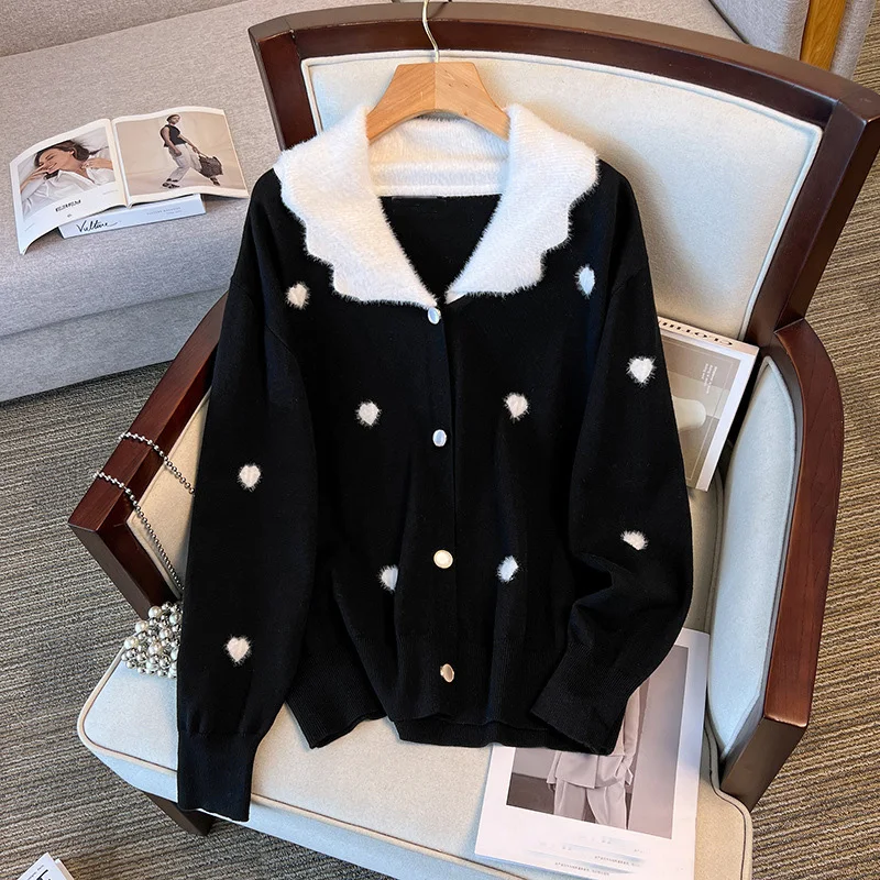 Plus Size Women's Bust 160 Winter Loose Love Cardigan Lapel Sweater Knitted Jacket Black White 5XL 6XL 7XL 8XL 9XL 10XL 170Kg