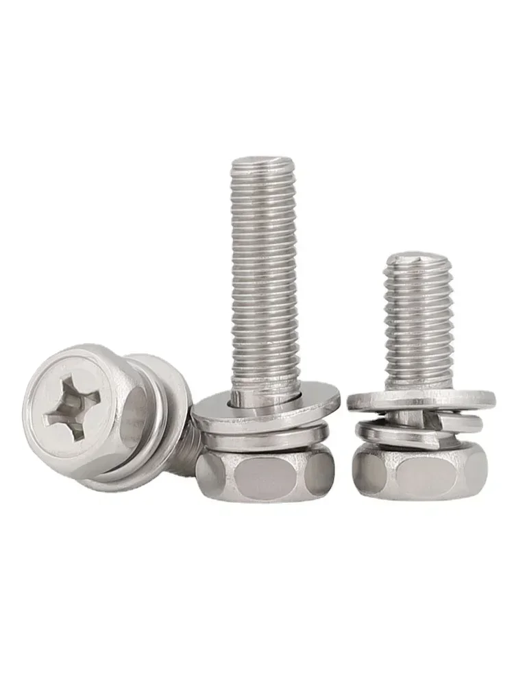 10pcs M8 Hex Cross Bolt Phillips Head  Hexagon Screws Flat Spring Washers 304 Stainless Steel L=12-20mm 16mm 30mm