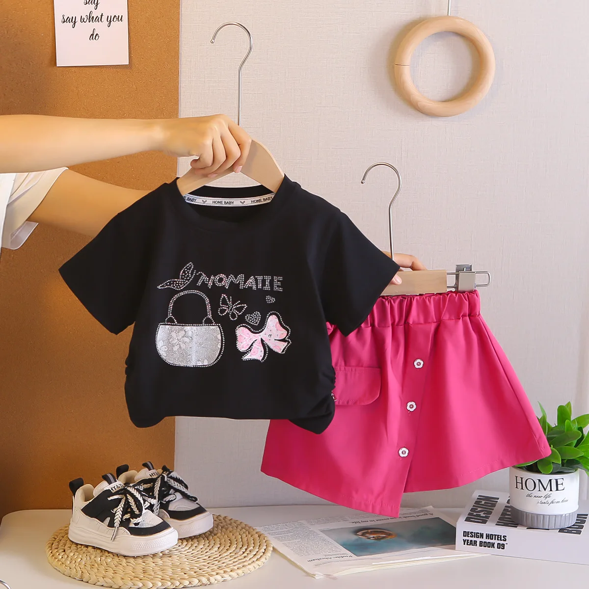 Summer New Baby Girl Clothes Korean Fashion Rhinestone Butterfly Short Sleeve T-shirts Tops and Shorts Two Piece Set Girls Suit