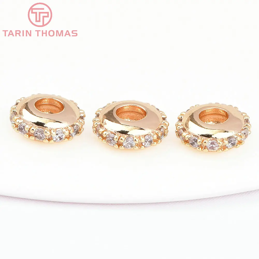 (7817)6PCS 9x3.5MM 24K Gold Color Brass with Zircon Round Septal Beads Necklaces Beads High Quality Jewelry Findings Accessories