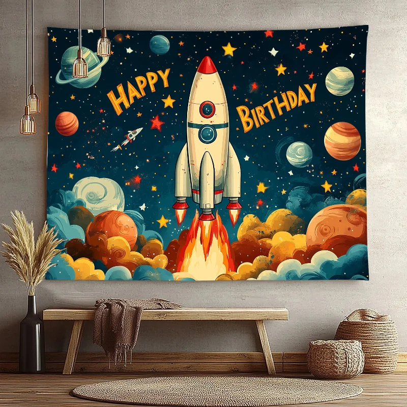 2D Space Rocket Happy Birthday Tapestry Galaxy Planets Cosmic Adventure Decor