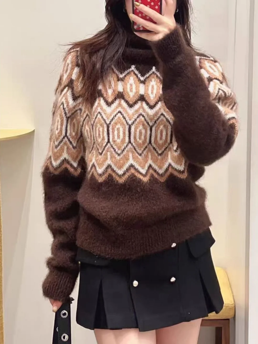 

Spring 2026 Women's High Collar Knitted Sweater Wool Blend Fair Isle Pattern Tassel Soft French Sle Long Sve Regular Fit