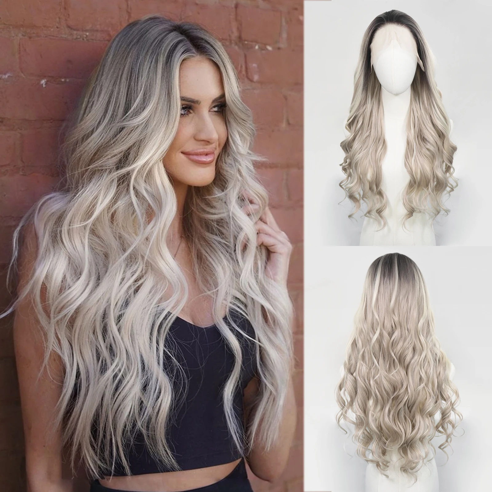 

Women's 24 Inches Long Curly Wavy Ombre Ash White Highlights Synthetic Lace Front Wigs 13×4 Free Part Gray Wigs with Dark Roots
