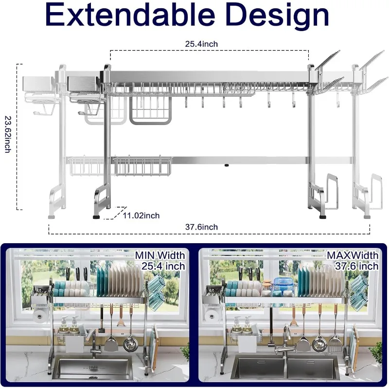 Dish Drying Rack Over Sink, 2 Layers of Dish Drying Rack Over Sink Adjustable Width (25.6-37.6 Inches)