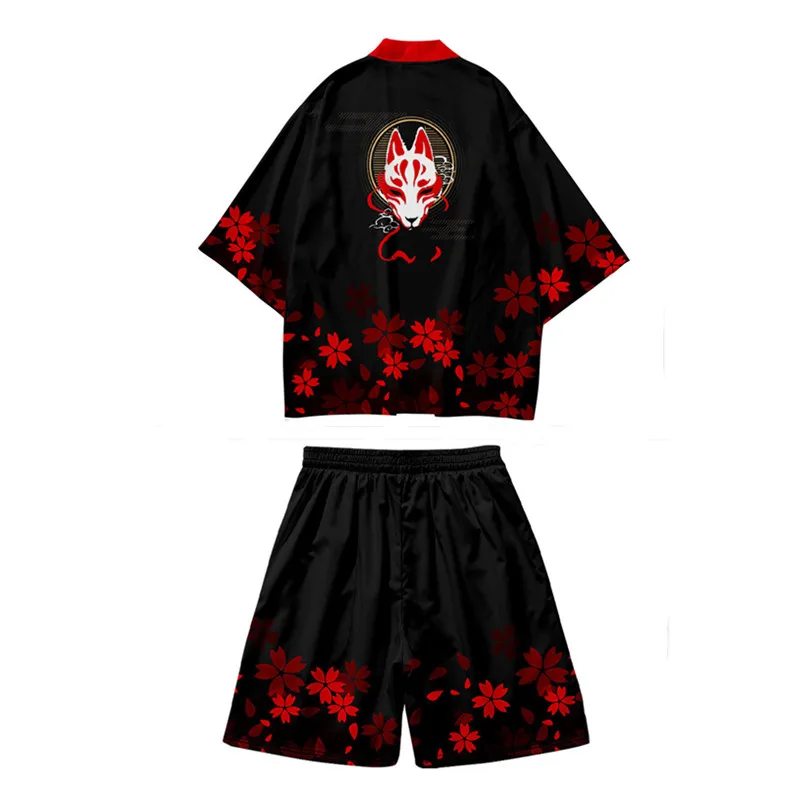 Large Size 5XL Two-piece Suit Vintage Japanese Cardigan Newest Haori Yukata Hannya Mask Demon Print Kimono Shorts Sets