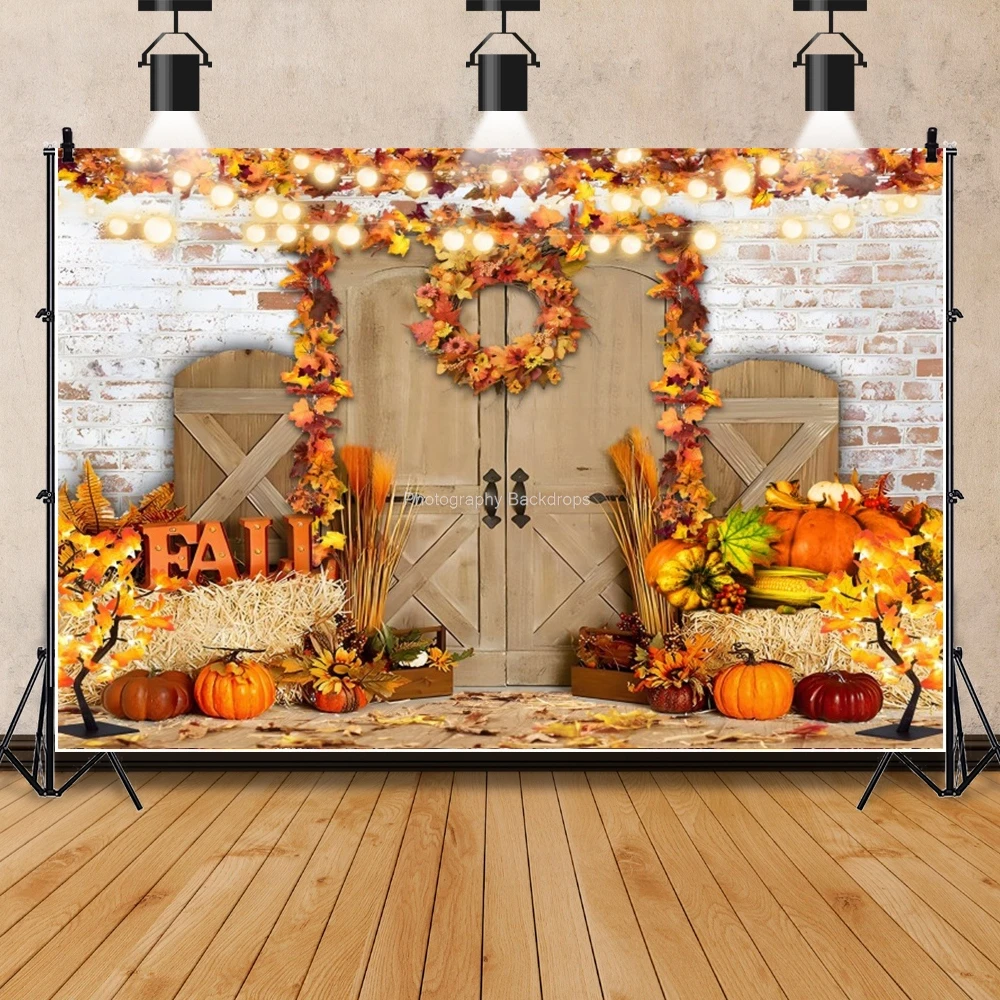 

Fall Forest Backdrop Autumn Pumpkin Harvest Thanksgiving Hay Maple Leaves Baby Birthday Party Decor Portrait Background B04