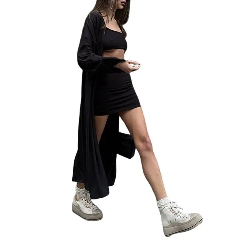 

CYL-Женский комплект из трех предметов, укороченный топ на бретельках и облегающая юбка с кардиганом, черный S